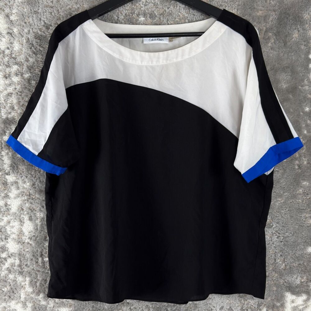 Calvin‎ Klein Womens Size L Stretch Round Neck Top Black White Pullover Blouse